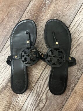 Tory Burch Black Leather Logo Thong Sandals with Gold Accents